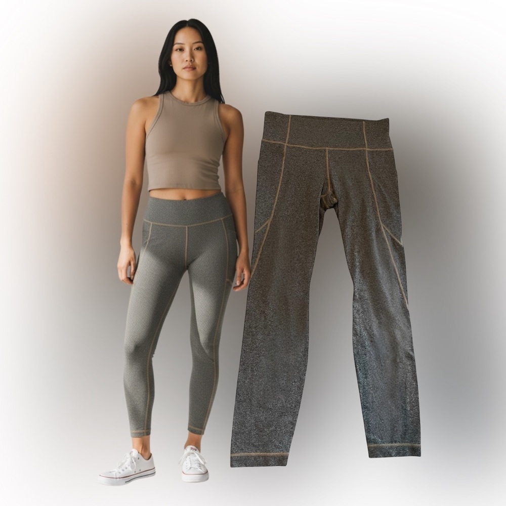 Athleta Salutation Stash Leggings Gray Brown Stitching Powervita 7/8 Size M